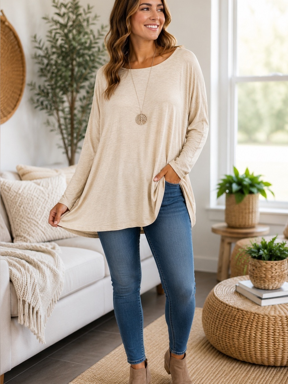 Azules Beige Oatmeal Oversized Tunic Top Medium Made in USA